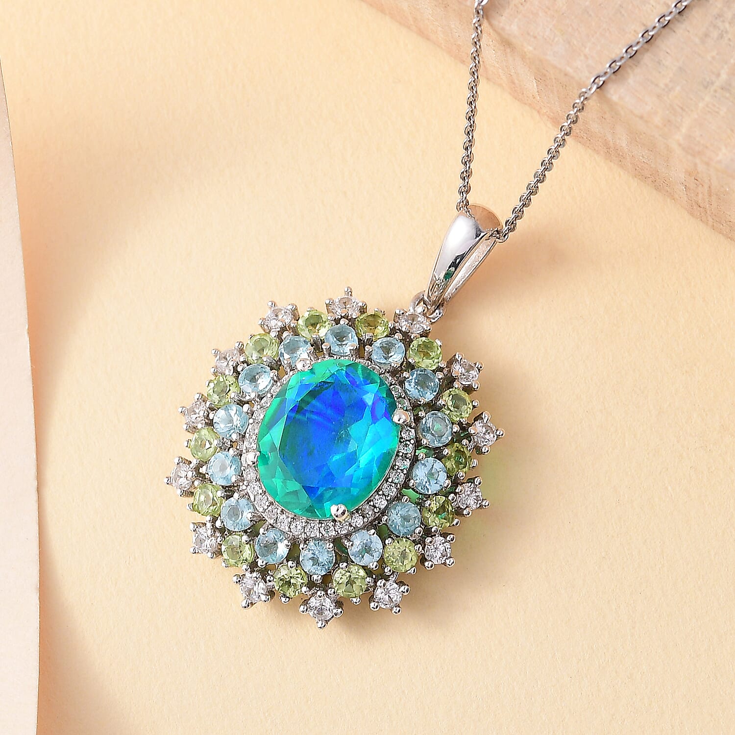 Peacock Triplet Quartz, Peridot, Apatite & White Zircon Pendant with Chain (Size 20) in Rhodium Overlay Sterling Silver 7.26 Ct.