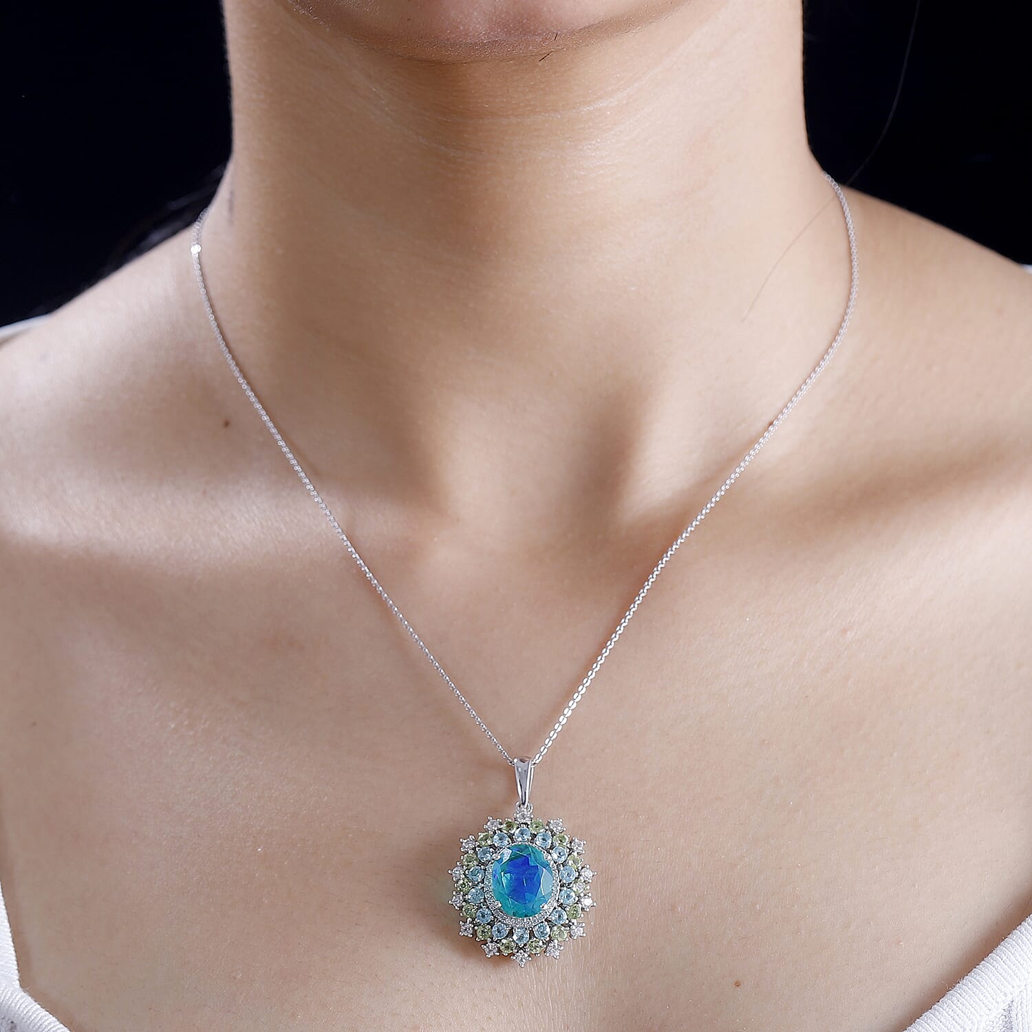 Peacock Triplet Quartz, Peridot, Apatite & White Zircon Pendant with Chain (Size 20) in Rhodium Overlay Sterling Silver 7.26 Ct.