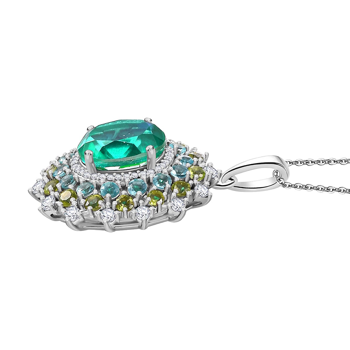 Peacock Triplet Quartz, Peridot, Apatite & White Zircon Pendant with Chain (Size 20) in Rhodium Overlay Sterling Silver 7.26 Ct.