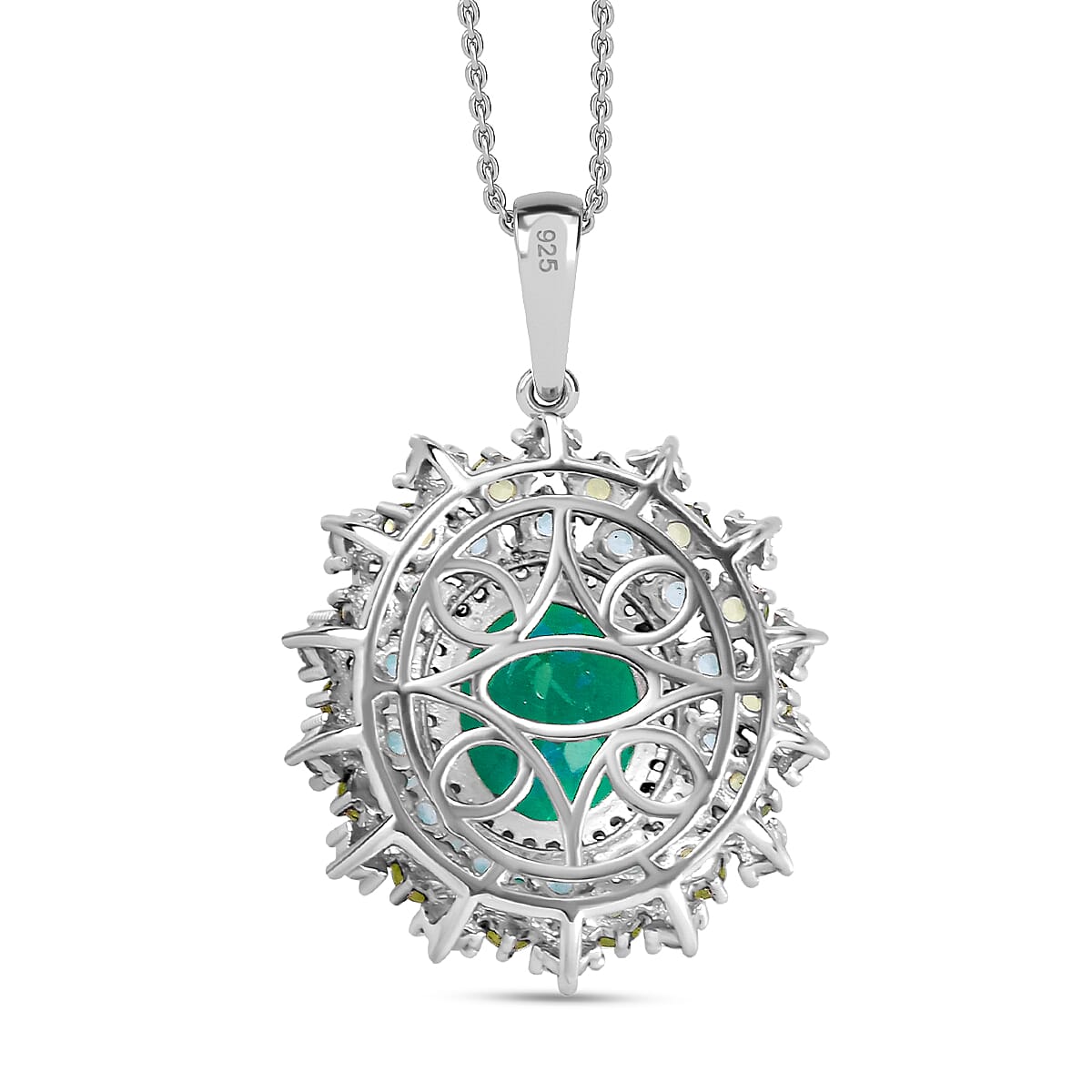 Peacock Triplet Quartz, Peridot, Apatite & White Zircon Pendant with Chain (Size 20) in Rhodium Overlay Sterling Silver 7.26 Ct.