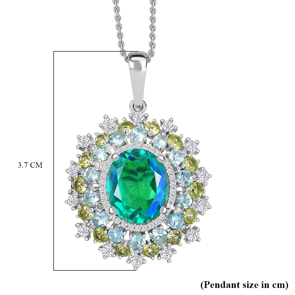 Peacock Triplet Quartz, Peridot, Apatite & White Zircon Pendant with Chain (Size 20) in Rhodium Overlay Sterling Silver 7.26 Ct.