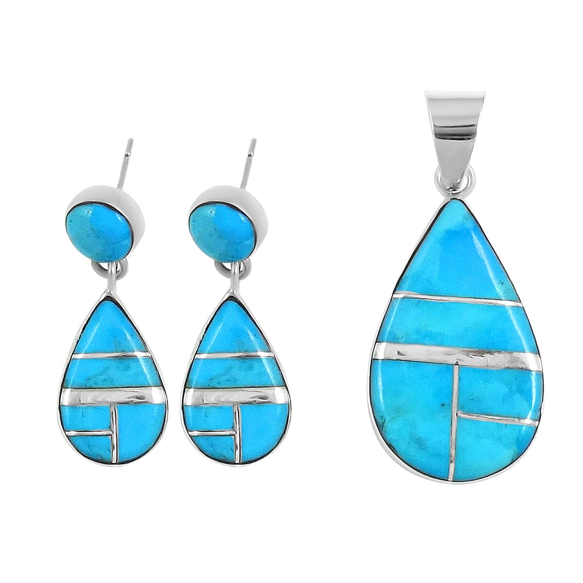 Santa Fe Collection - 2 Piece Set - Kingman Turquoise Pendant and Drop Earrings in Sterling Silver 7.25 Ct.