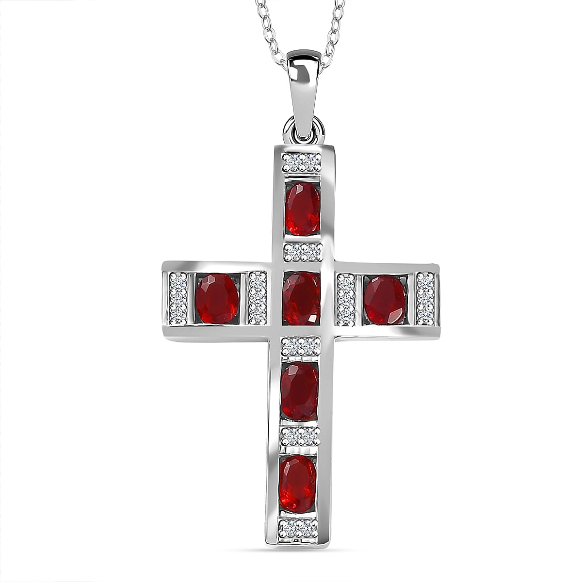Cherry Fire Opal & White Zircon Pendant with Chain (Size 20) in Rhodium Overlay Sterling Silver Silver Wt. 6 Gms  1.220  Ct.