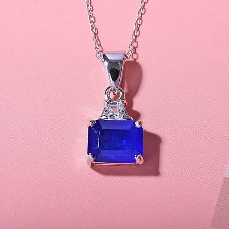 Premium Vietnamese Cobalt Blue Spinel & White Zircon Pendant with Chain (Size 20) in Rhodium Overlay Sterling Silver 3.22 Ct.