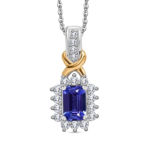 AAA Tanzanite & White Zircon Pendant with Silver Chain (Size 20) in 18k Vermeil Yellow Gold Plated in Rodium Overlay Sterling Silver    1.14 Ct.