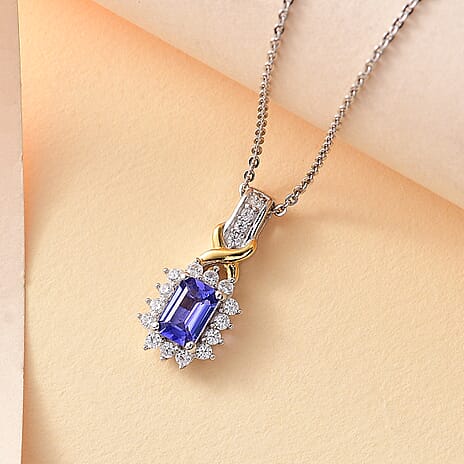 AAA Tanzanite & White Zircon Pendant with Silver Chain (Size 20) in 18k Vermeil Yellow Gold Plated in Rodium Overlay Sterling Silver    1.14 Ct.