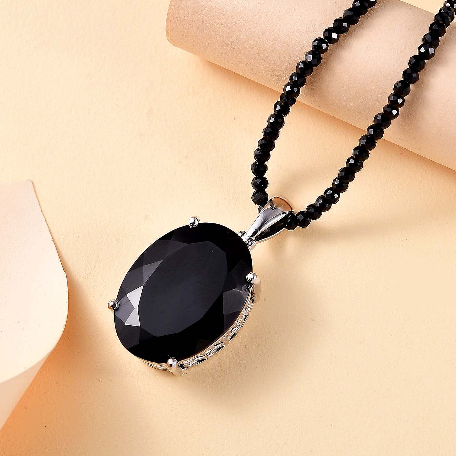 Black Spinel Pendant with Beads Chain (Size 20) in Rhodium Sterling Silver 125.00 Ct.