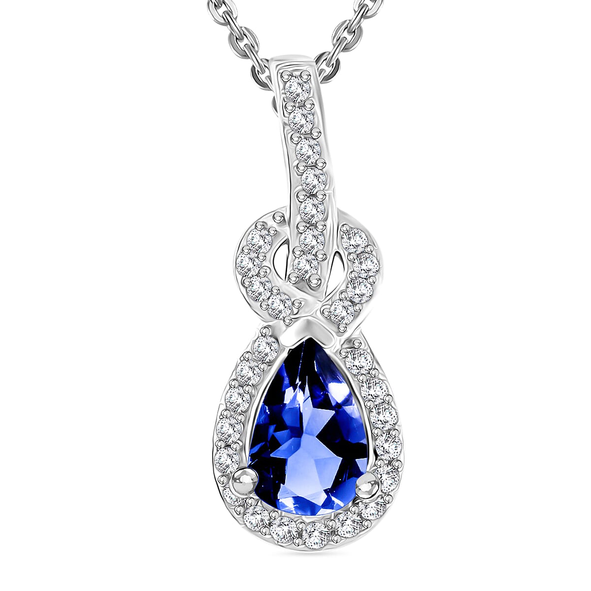 Premium Tanzanite & White Zircon Pendant with Chain (Size 20) in Rhodium Overlay Sterling Silver