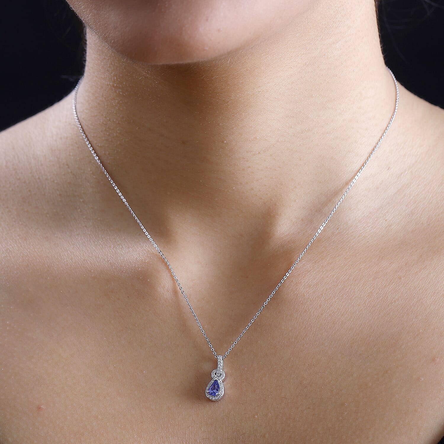 Premium Tanzanite & White Zircon Pendant with Chain (Size 20) in Rhodium Overlay Sterling Silver