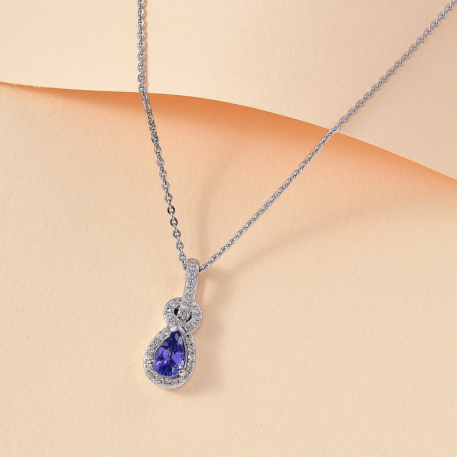 Premium Tanzanite & White Zircon Pendant with Chain (Size 20) in Rhodium Overlay Sterling Silver