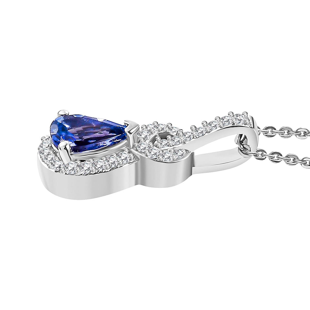 Premium Tanzanite & White Zircon Pendant with Chain (Size 20) in Rhodium Overlay Sterling Silver