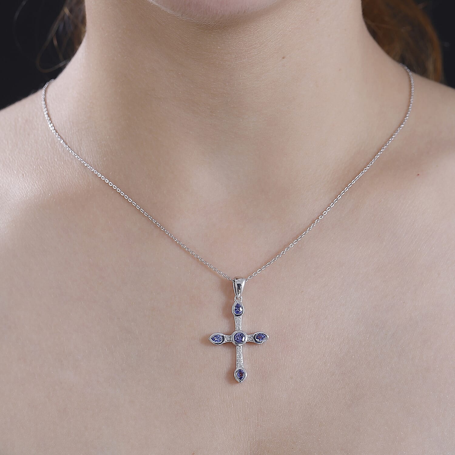 Tanzanite & White Zircon Pendant with Chain (Size 20) in Rhodium Overlay Sterling Silver Silver