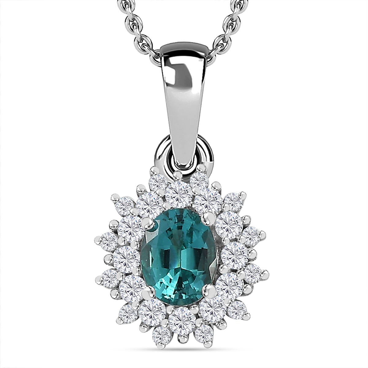 Lagoon Tourmaline & Moissanite Pendant with Chain (Size 20) in Rhodium Overlay Sterling Silver