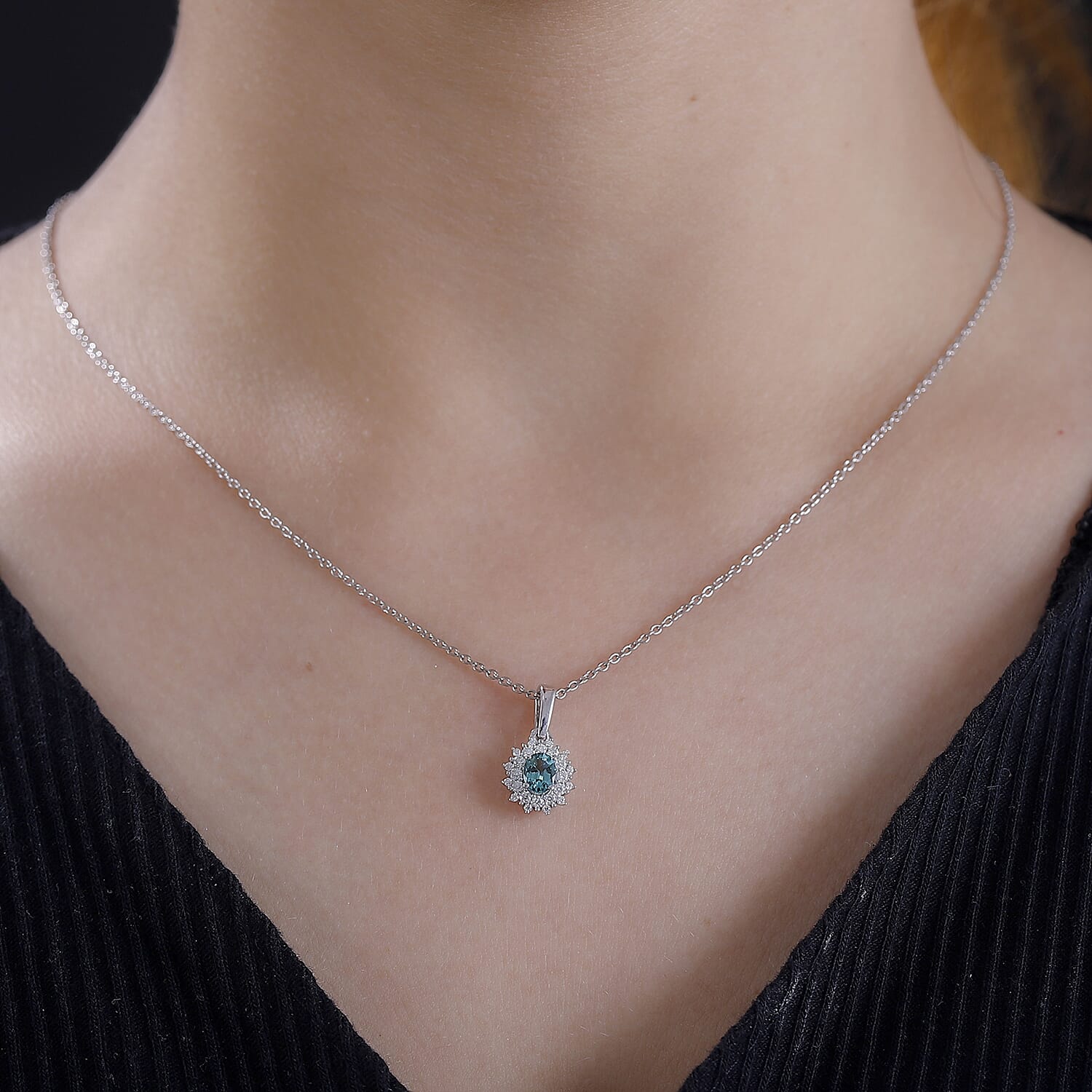 Lagoon Tourmaline & Moissanite Pendant with Chain (Size 20) in Rhodium Overlay Sterling Silver