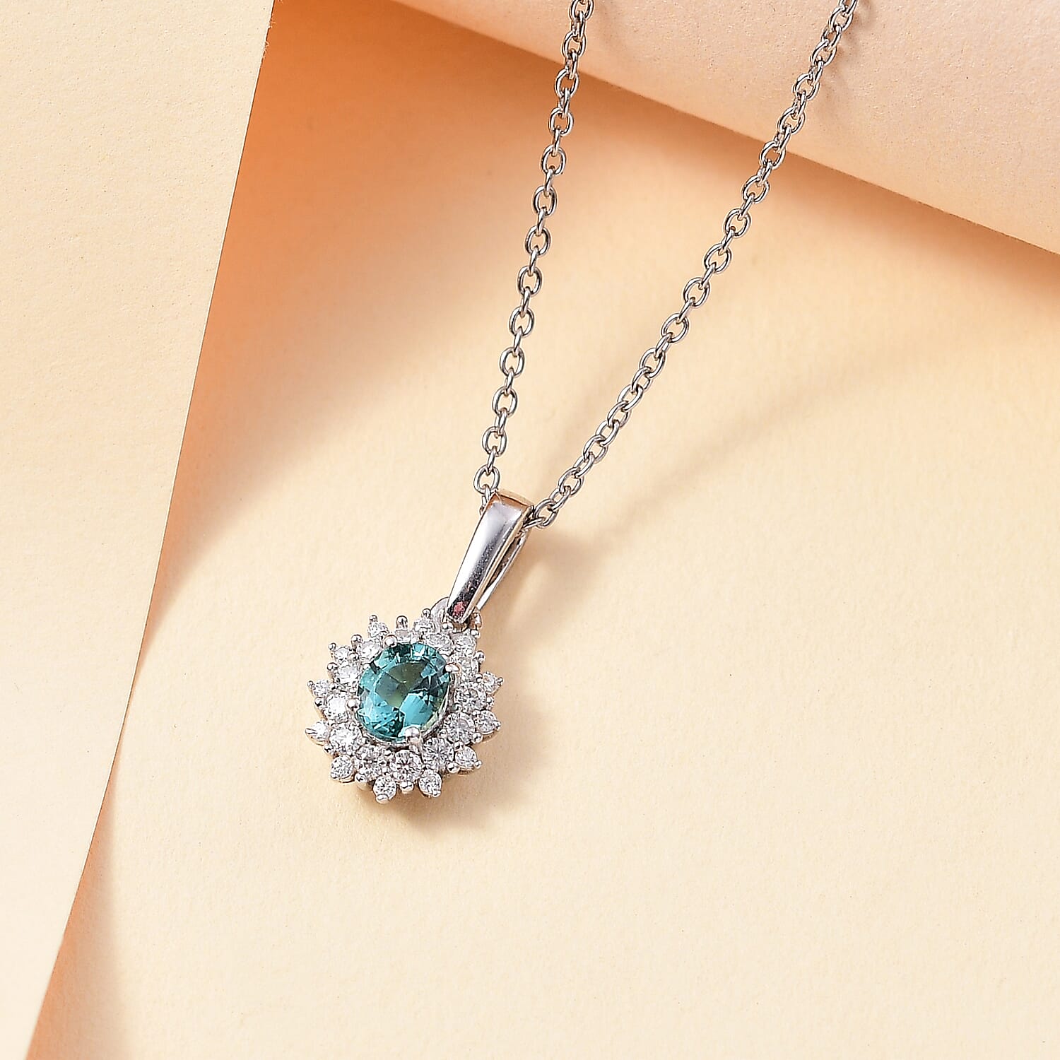 Lagoon Tourmaline & Moissanite Pendant with Chain (Size 20) in Rhodium Overlay Sterling Silver