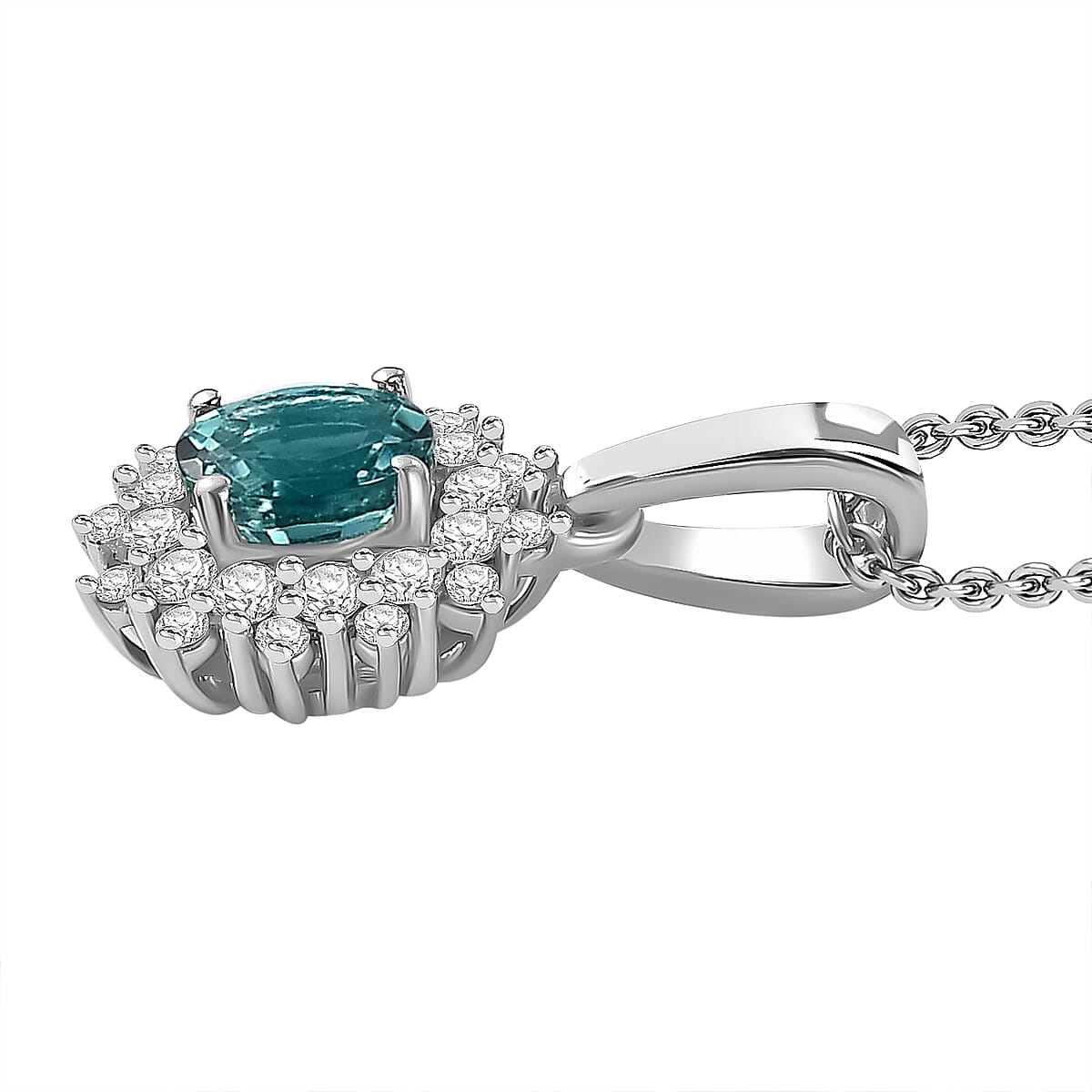 Lagoon Tourmaline & Moissanite Pendant with Chain (Size 20) in Rhodium Overlay Sterling Silver