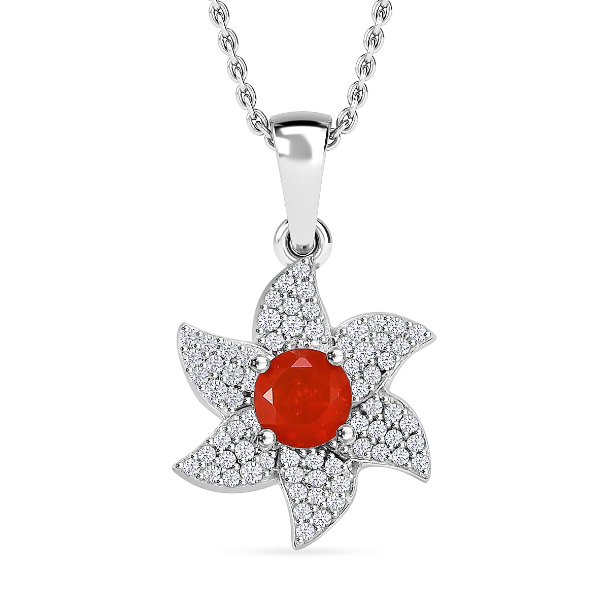 Salamanca Fire Opal & White Zircon Pendant with Chain (Size - 20) in Rhodium Overlay Sterling Silver 1.84 Ct.