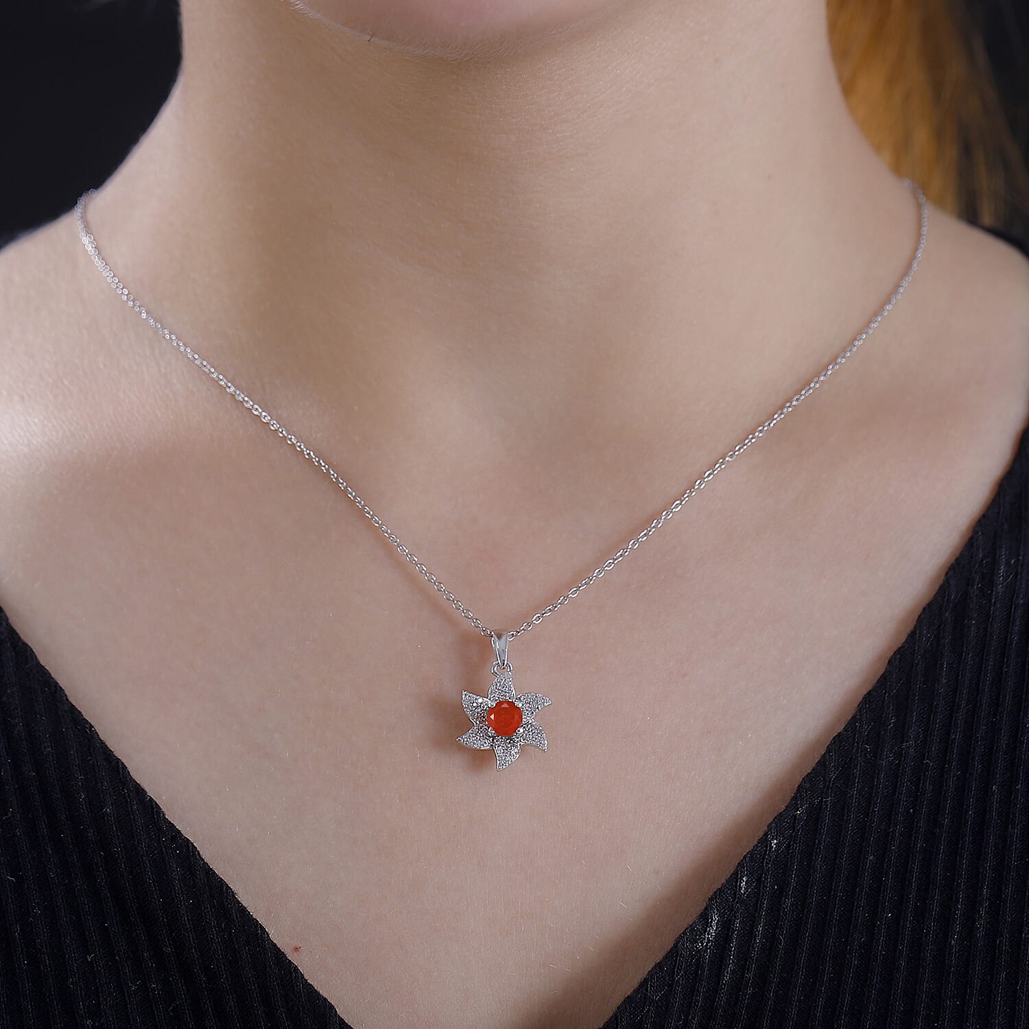 Salamanca Fire Opal & White Zircon Pendant with Chain (Size - 20) in Rhodium Overlay Sterling Silver 1.84 Ct.