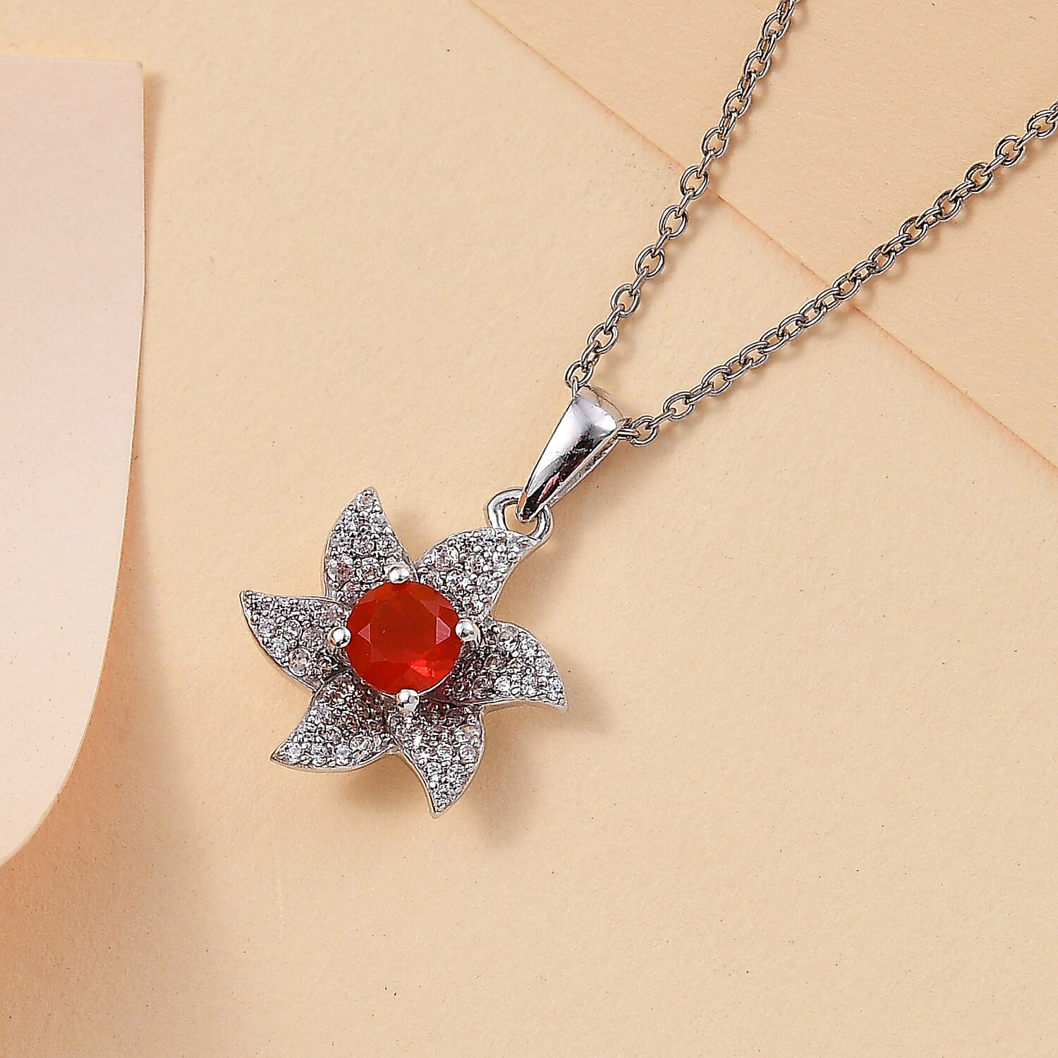 Salamanca Fire Opal & White Zircon Pendant with Chain (Size - 20) in Rhodium Overlay Sterling Silver 1.84 Ct.