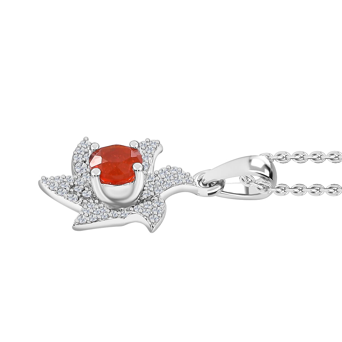 Salamanca Fire Opal & White Zircon Pendant with Chain (Size - 20) in Rhodium Overlay Sterling Silver 1.84 Ct.