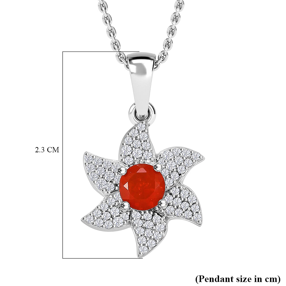Salamanca Fire Opal & White Zircon Pendant with Chain (Size - 20) in Rhodium Overlay Sterling Silver 1.84 Ct.