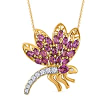 GP Italian Garden Collection - Rhodolite Garnet, White Zircon Dragonfly Pendant with Chain (Size 20) in 18K Yellow Gold Vermeil Sterling Silver