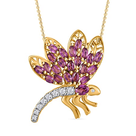 GP Italian Garden Collection - Rhodolite Garnet, White Zircon Dragonfly Pendant with Chain (Size 20) in 18K Yellow Gold Vermeil Sterling Silver