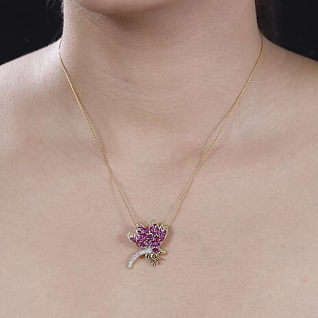 GP Italian Garden Collection - Rhodolite Garnet, White Zircon & Blue Sapphire Pendant with Chain (Size - 20) in 18K Vermeil Yellow Gold Plated Sterling Silver 2.09 Ct.
