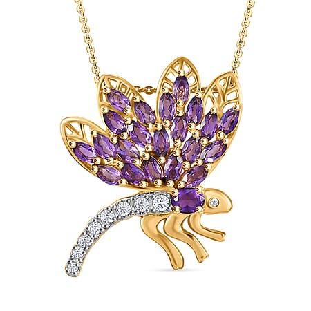 GP Italian Garden Collection - African Amethyst, White Zircon Dragonfly Pendant with Chain (Size 20) in 18K Yellow Gold Vermeil Sterling Silver