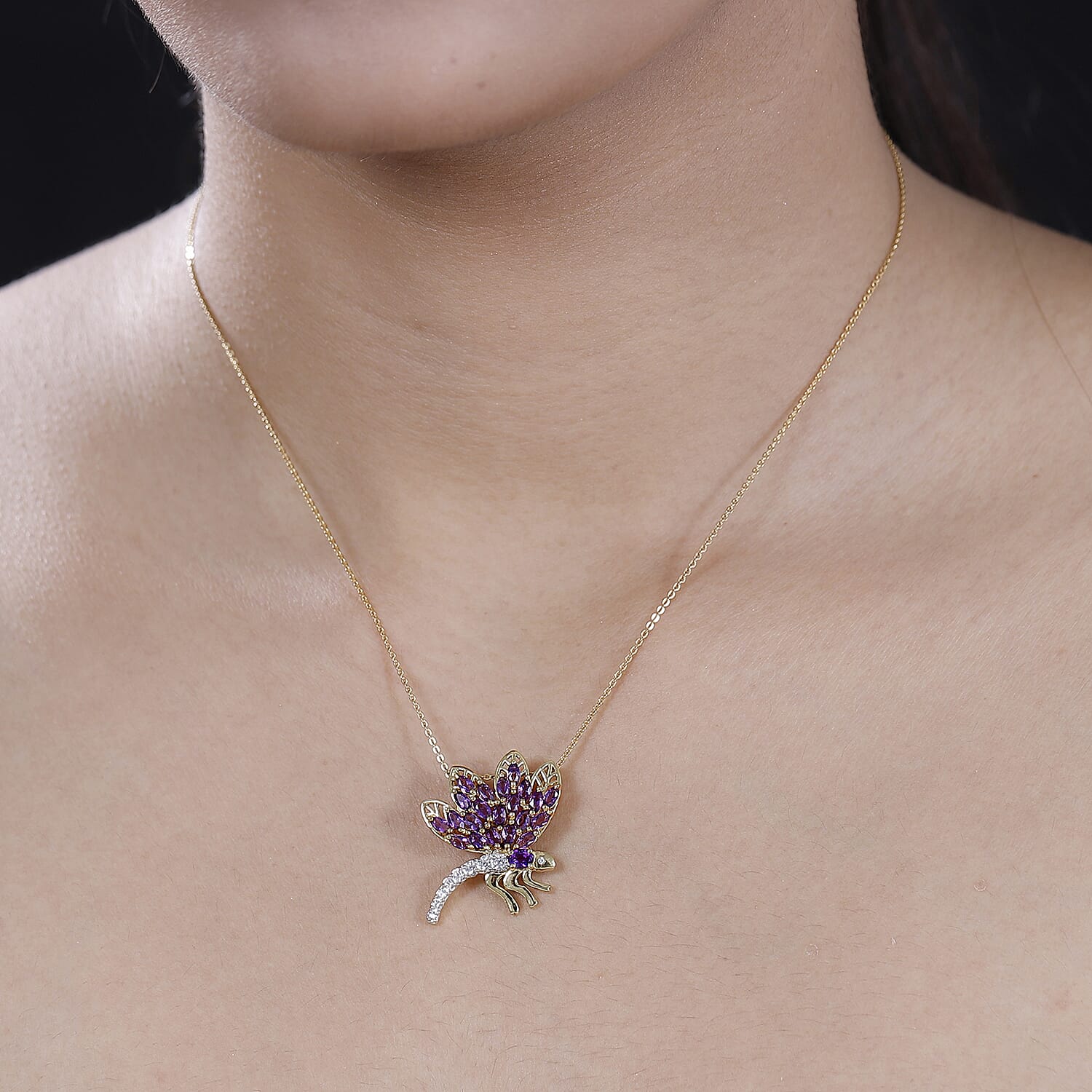 GP Italian Garden Collection - African Amethyst, White Zircon, & Blue Sapphire Pendant with Chain (Size 20) in 18K Vermeil Yellow Gold Plated Sterling Silver 2.09 Ct, Silver Wt. 8.32 Gms.