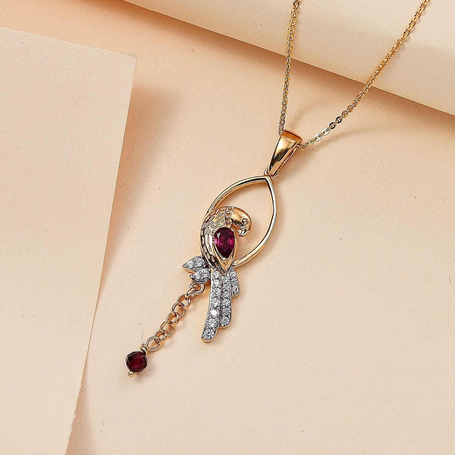  Rhodolite Garnet, White Zircon, Blue Sapphire Pendant with Chain (Size 20) in 18K YG Vermeil Sterling Silver