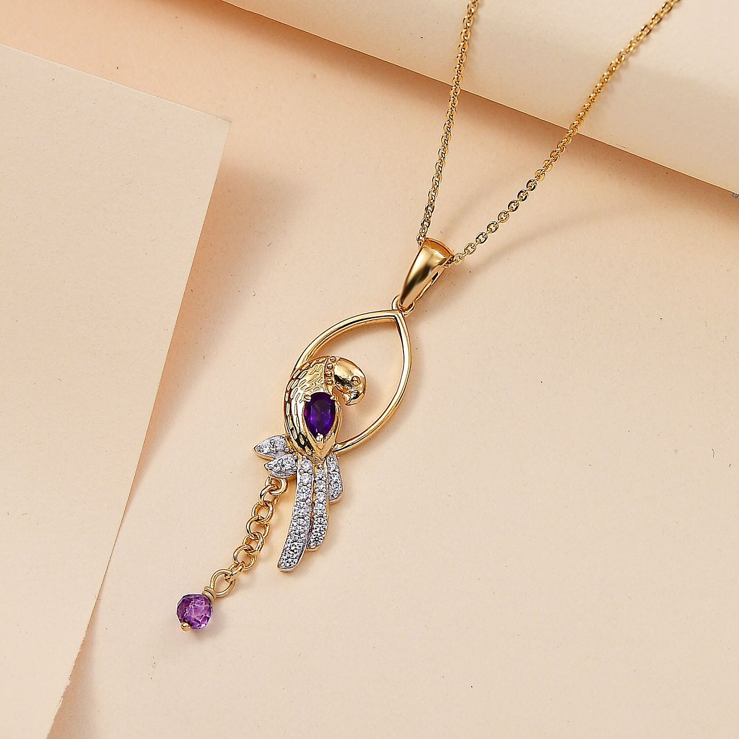 GP Italian Garden Collection - African Amethyst, White Zircon, Blue Sapphire Pendant with Silver Chain (Size 20) in 18K Vermeil Yellow Gold Plated Sterling Silver