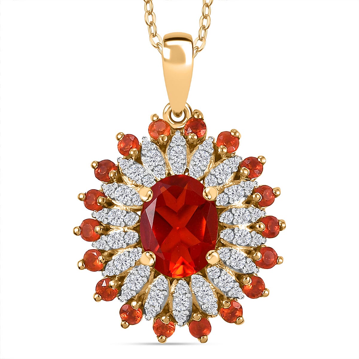 The Aztec Sun - Cherry Fire Opal,White Zircon Pendant with Chain (Size 20) in 18K YG Vermeil Plated Sterling Silver 1.56 Ct