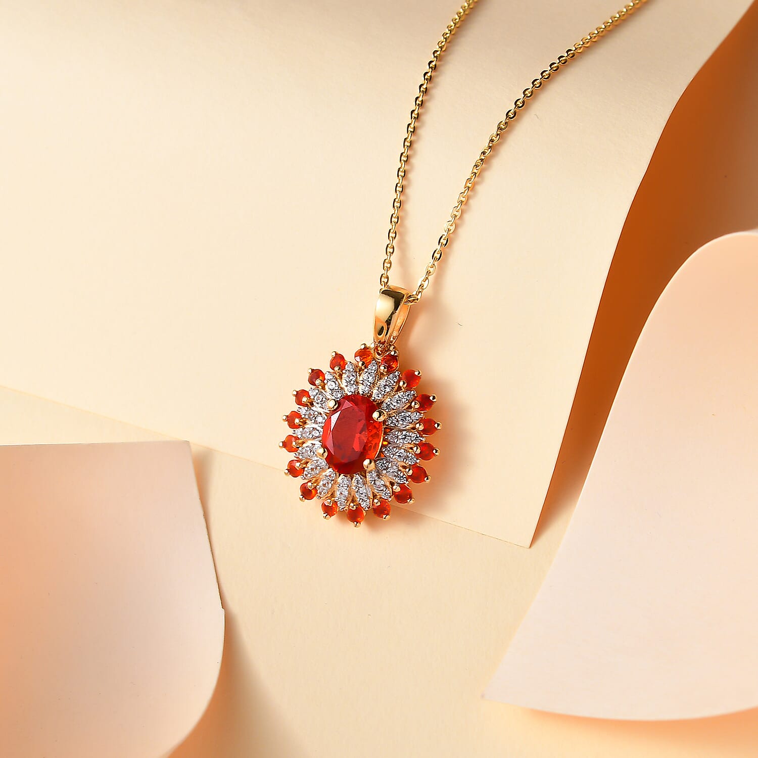 The Aztec Sun - Cherry Fire Opal,White Zircon Pendant with Chain (Size 20) in 18K YG Vermeil Plated Sterling Silver 1.56 Ct