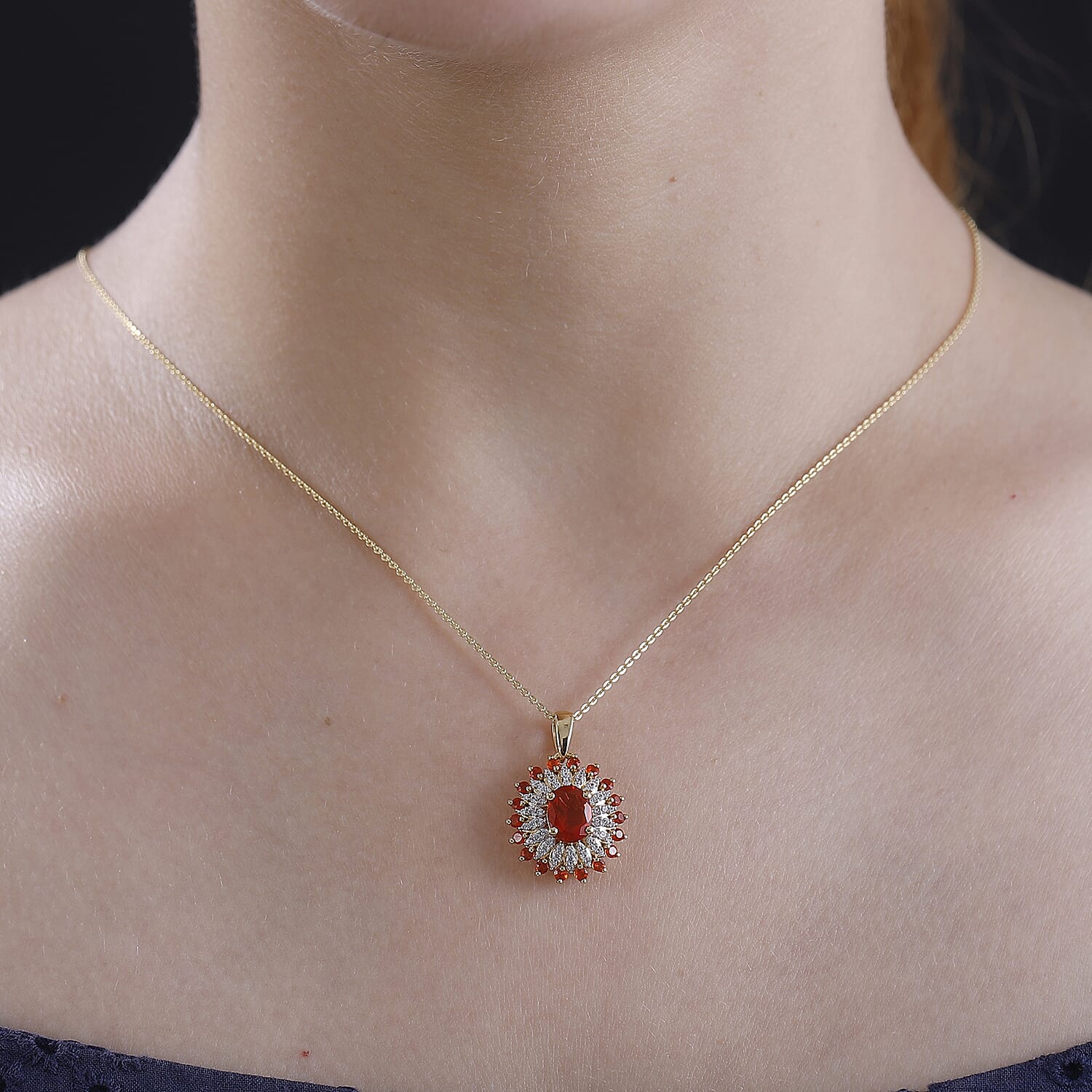 The Aztec Sun - Cherry Fire Opal,White Zircon Pendant with Chain (Size 20) in 18K YG Vermeil Plated Sterling Silver 1.56 Ct