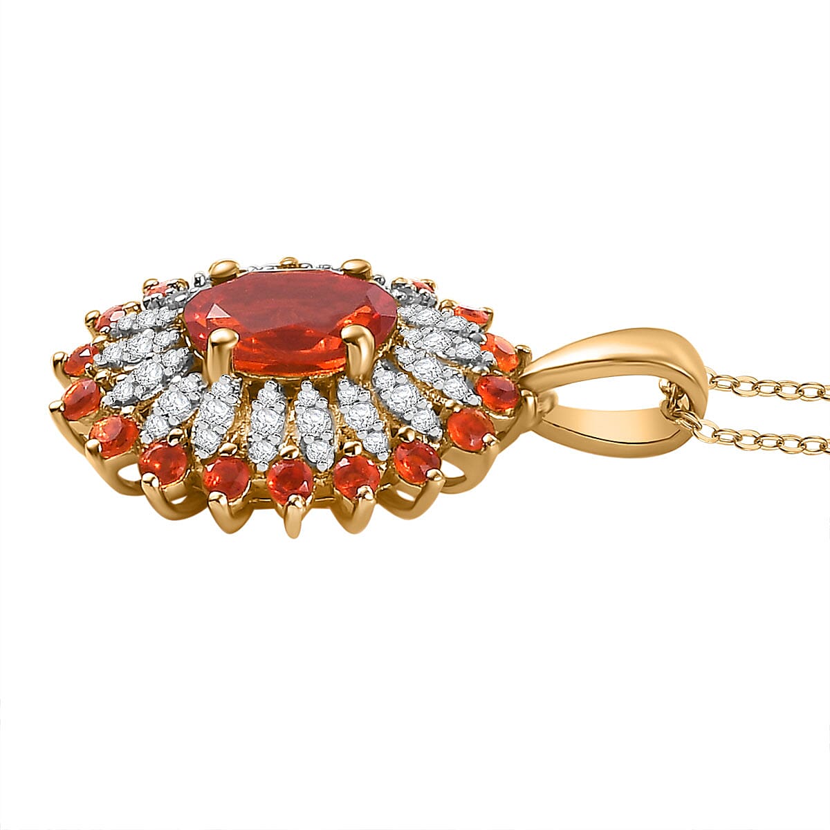 The Aztec Sun - Cherry Fire Opal,White Zircon Pendant with Chain (Size 20) in 18K YG Vermeil Plated Sterling Silver 1.56 Ct