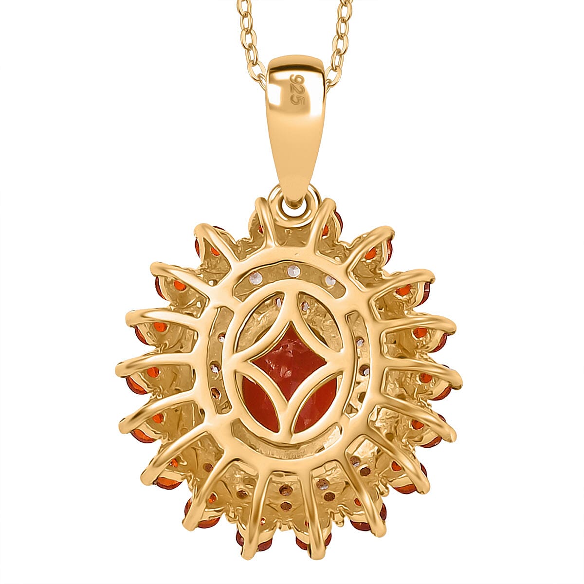 The Aztec Sun - Cherry Fire Opal,White Zircon Pendant with Chain (Size 20) in 18K YG Vermeil Plated Sterling Silver 1.56 Ct