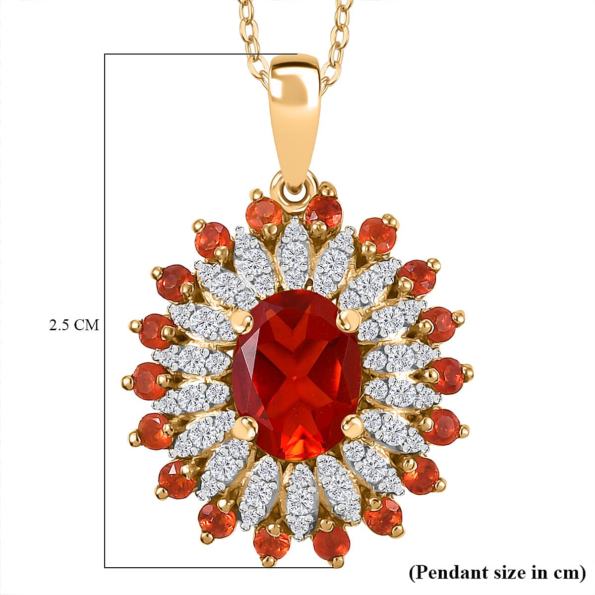 The Aztec Sun - Cherry Fire Opal,White Zircon Pendant with Chain (Size 20) in 18K YG Vermeil Plated Sterling Silver 1.56 Ct