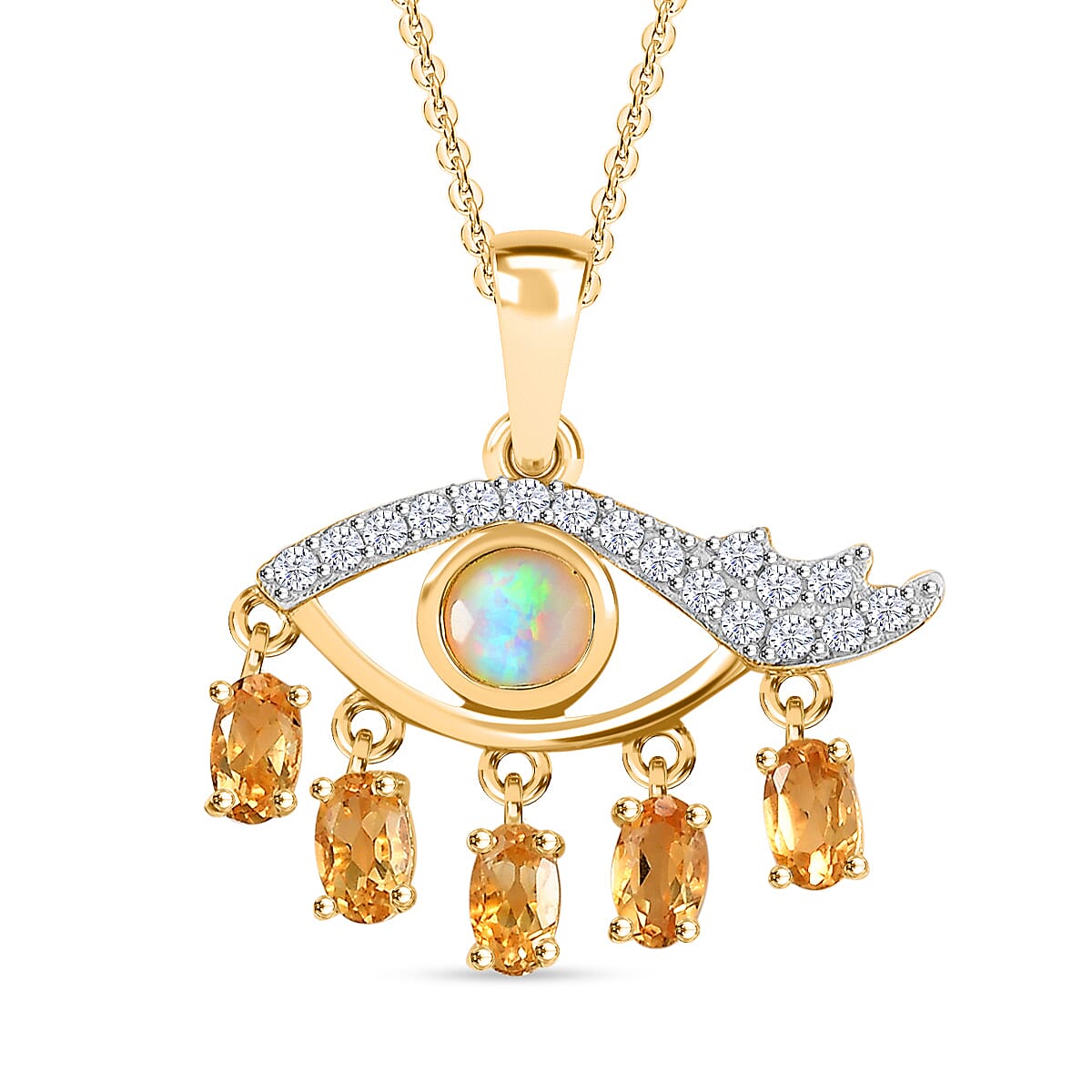 Ethiopian Opal, Citrine, White Zircon Pendant with Chain (Size 20) in 18K YG Vermeil Yellow Gold Plated 1.960 Ct.