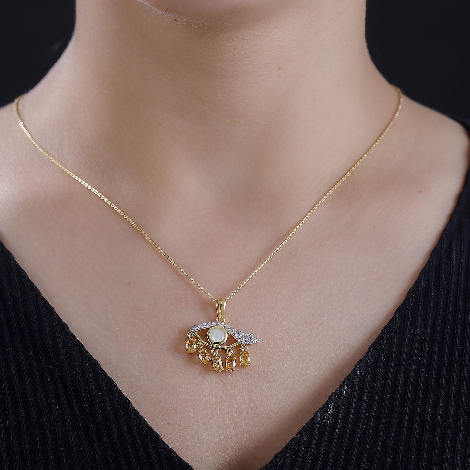 Ethiopian Opal, Citrine, White Zircon Pendant with Chain (Size 20) in 18K YG Vermeil Yellow Gold Plated 1.960 Ct.