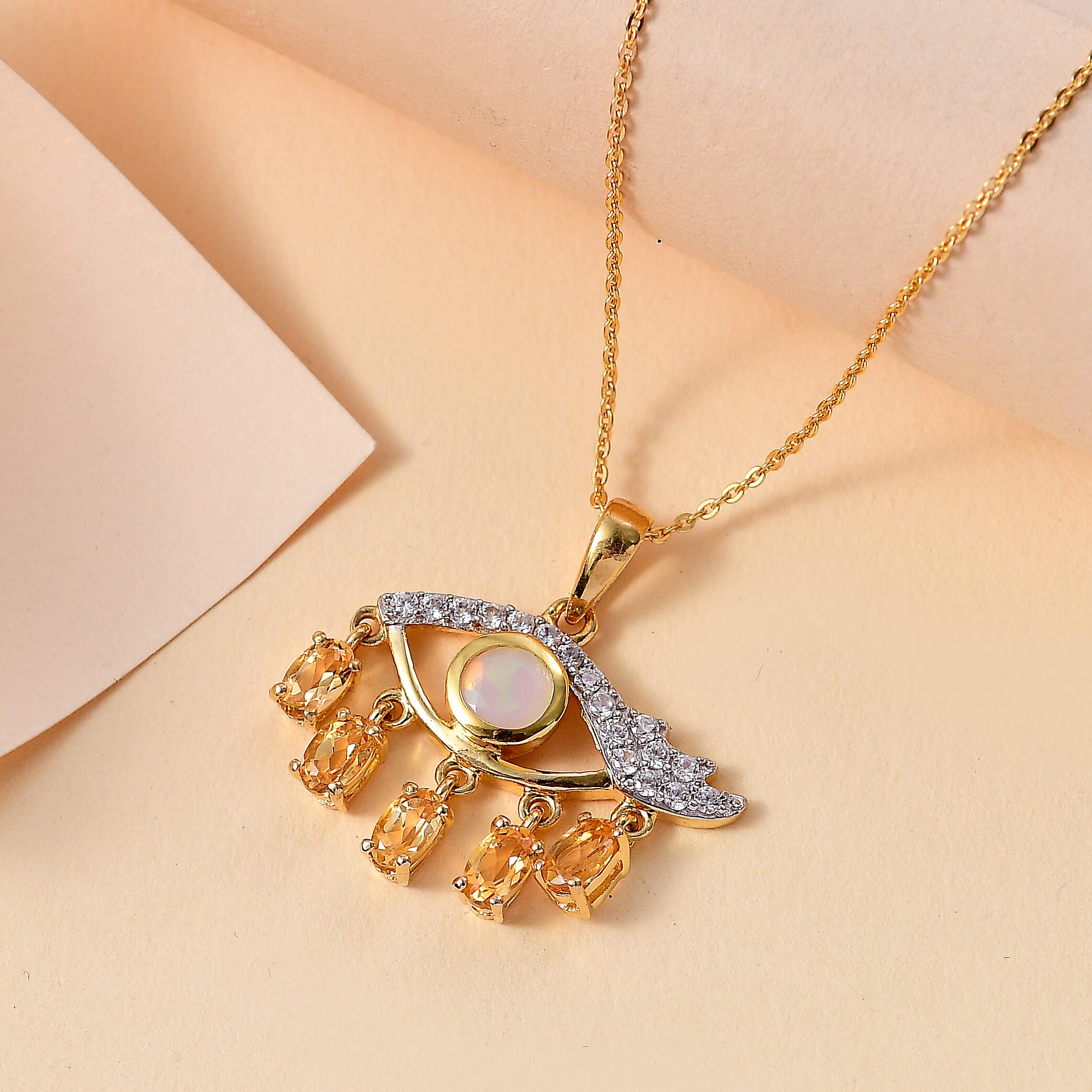 Ethiopian Opal, Citrine, White Zircon Pendant with Chain (Size 20) in 18K YG Vermeil Yellow Gold Plated 1.960 Ct.