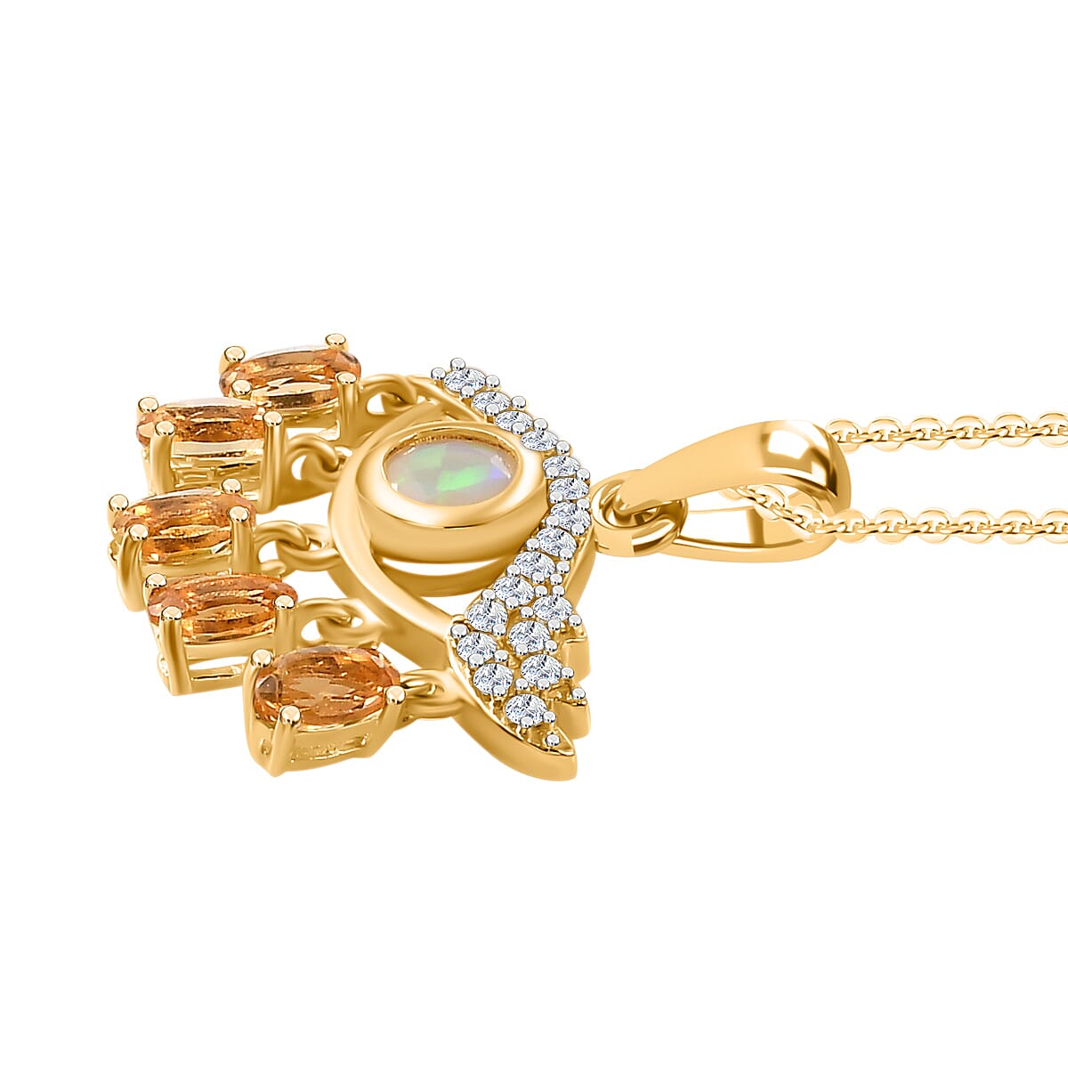 Ethiopian Opal, Citrine, White Zircon Pendant with Chain (Size 20) in 18K YG Vermeil Yellow Gold Plated 1.960 Ct.