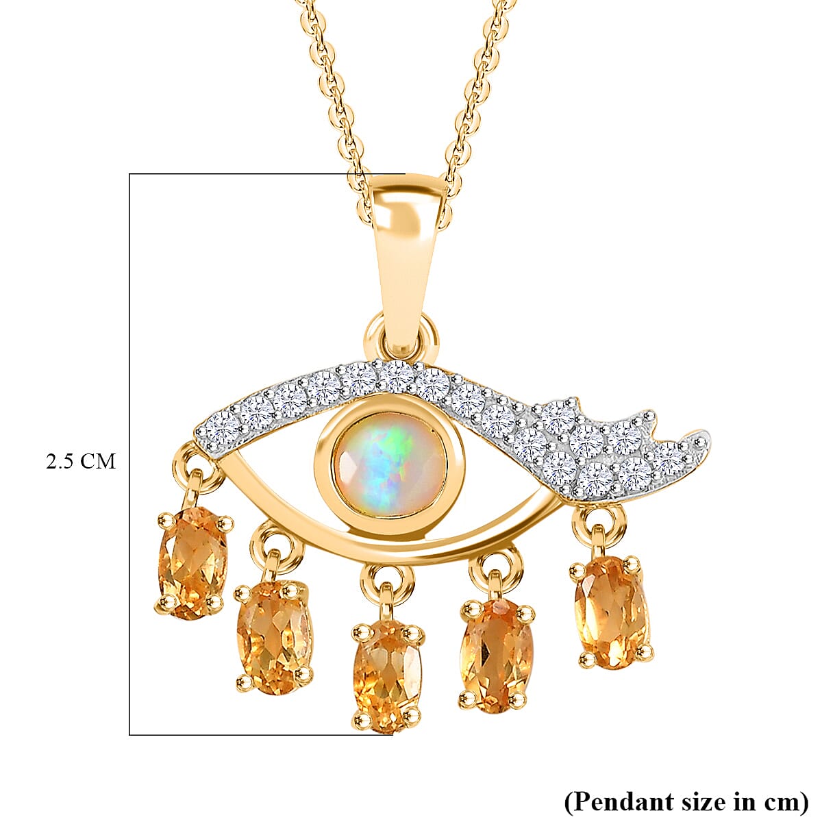 Ethiopian Opal, Citrine, White Zircon Pendant with Chain (Size 20) in 18K YG Vermeil Yellow Gold Plated 1.960 Ct.