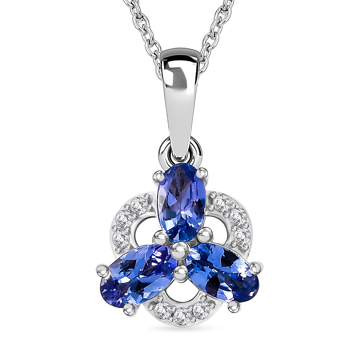 Premium Tanzanite & White Zircon Pendant with Chain (Size 20) in Rhodium Overlay Sterling Silver