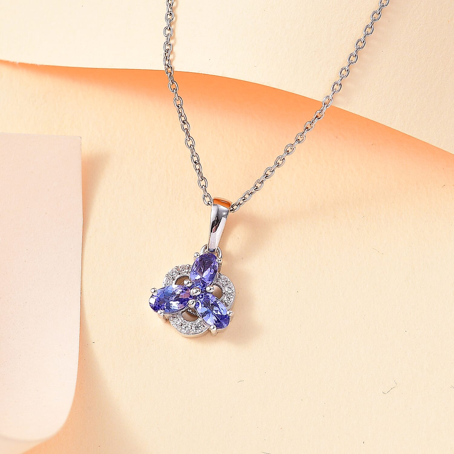 Premium Tanzanite & White Zircon Pendant with Chain (Size 20) in Rhodium Overlay Sterling Silver