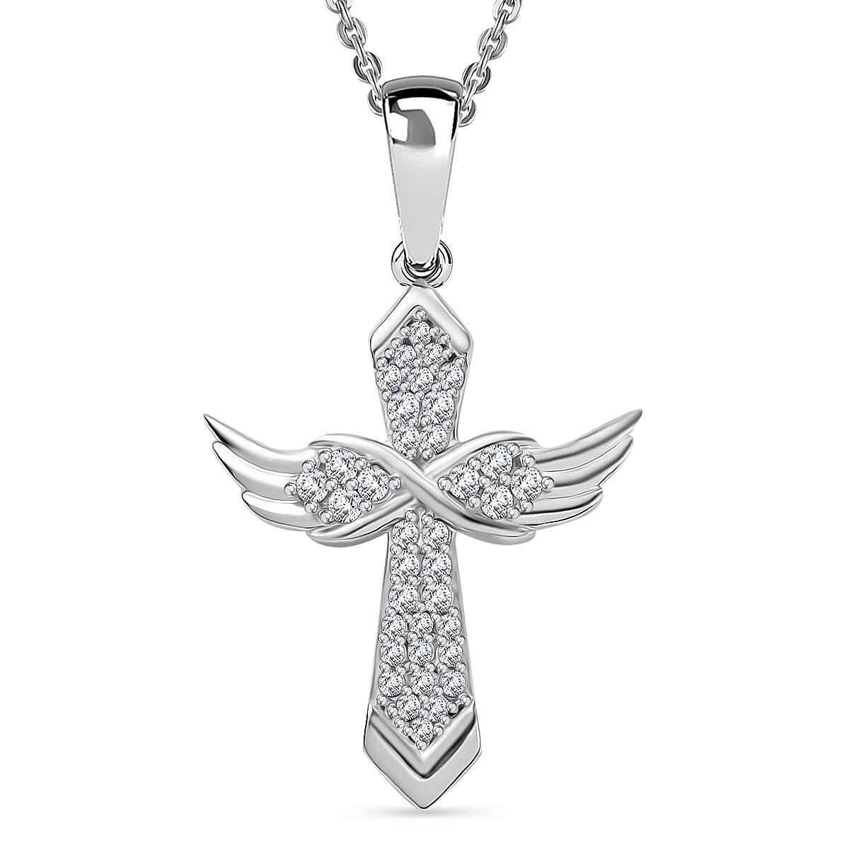 Moissanite Angel Wings Pendant with Chain (Size 20) in Platinum Overlay Sterling Silver