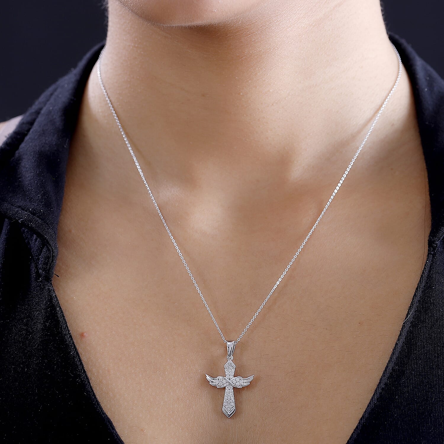 Moissanite Angel Wings Pendant with Chain (Size 20) in Platinum Overlay Sterling Silver