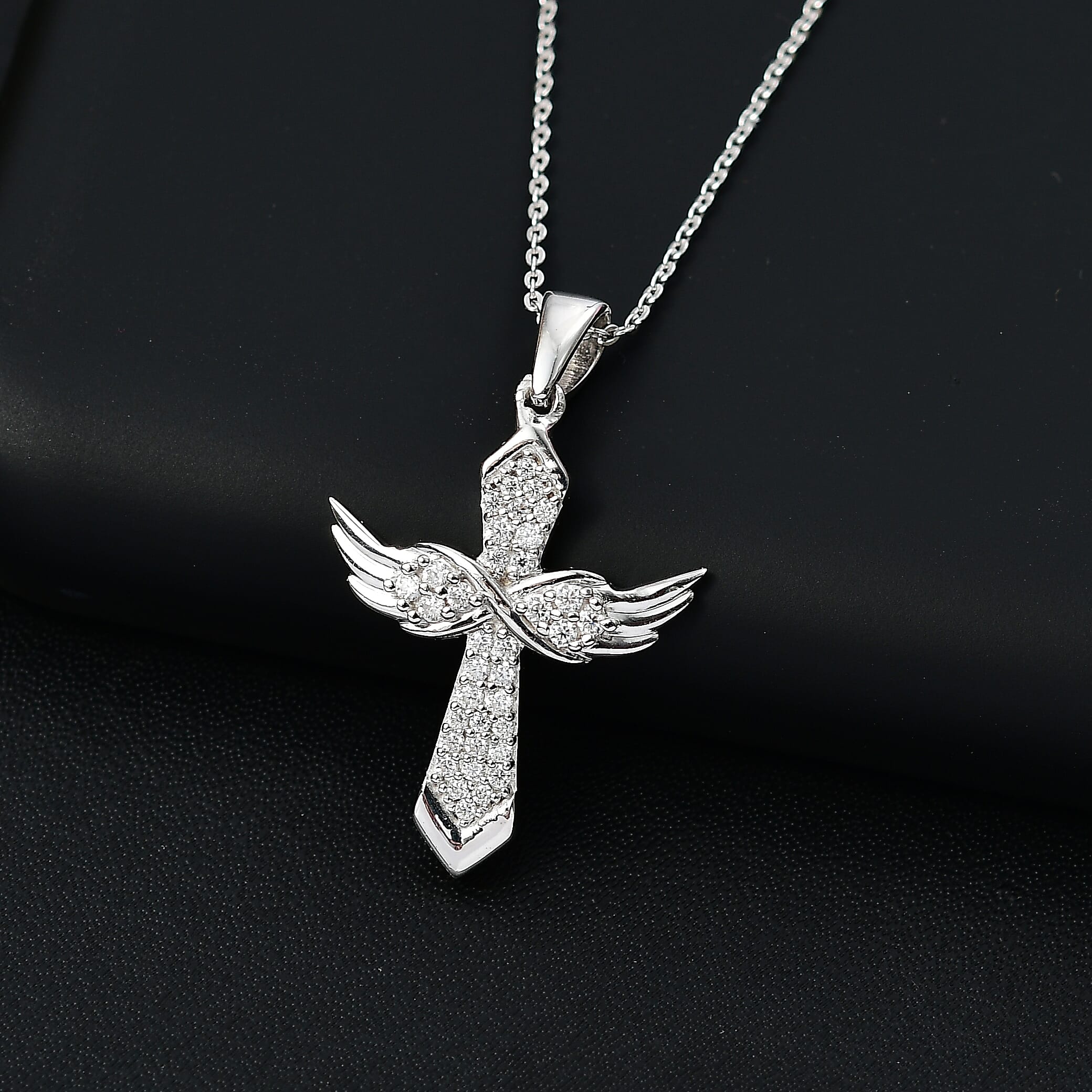 Moissanite Angel Wings Pendant with Chain (Size 20) in Platinum Overlay Sterling Silver