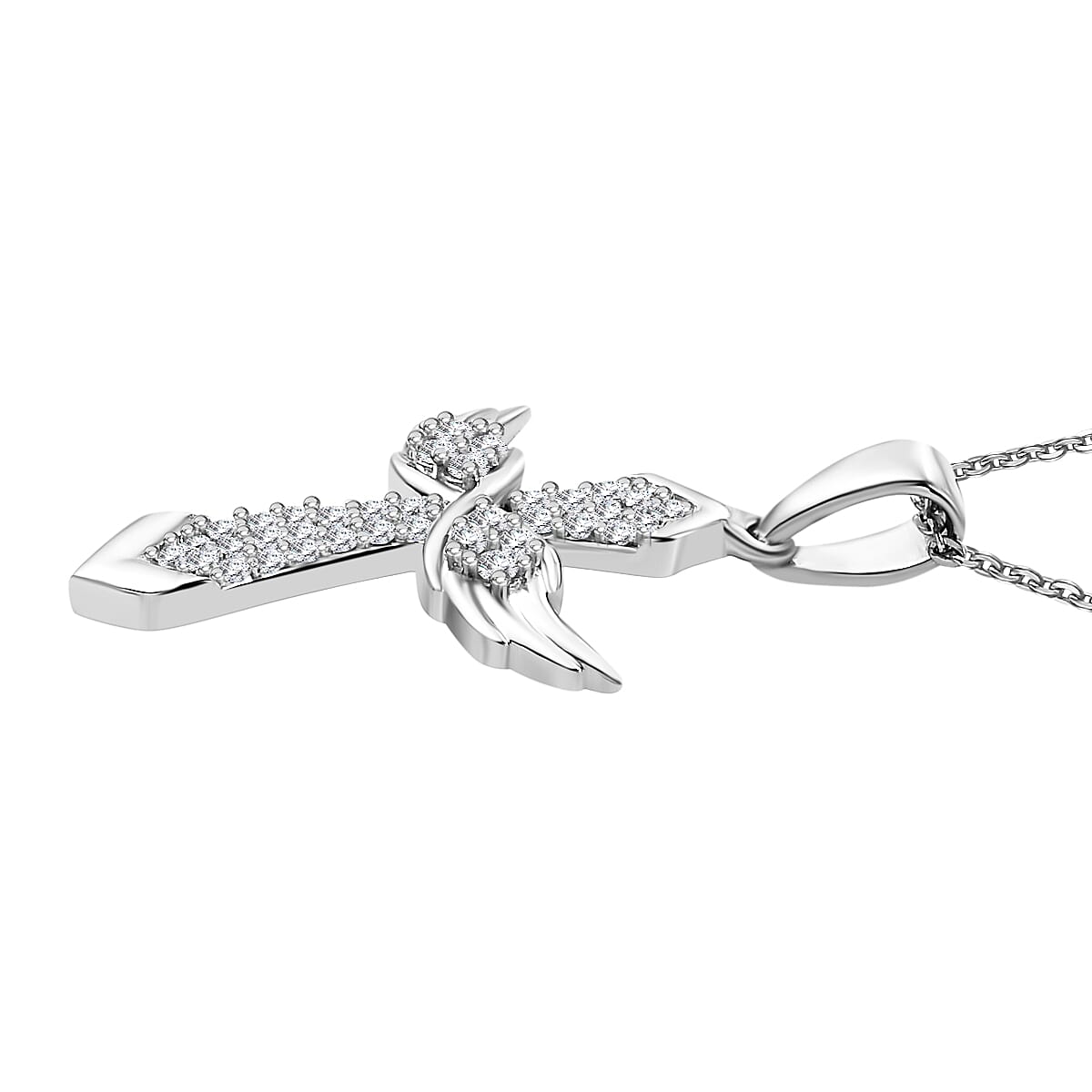Moissanite Angel Wings Pendant with Chain (Size 20) in Platinum Overlay Sterling Silver