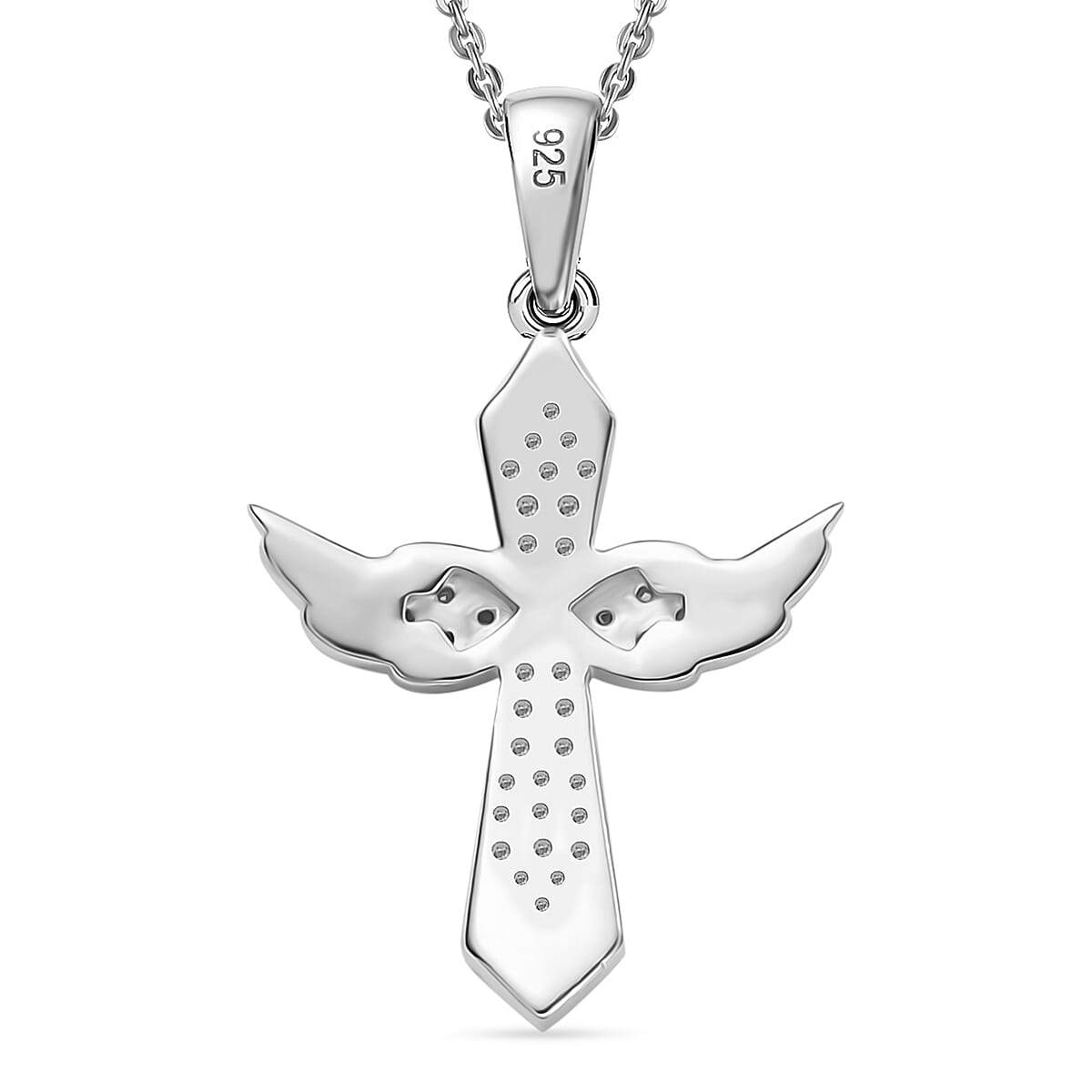 Moissanite Angel Wings Pendant with Chain (Size 20) in Platinum Overlay Sterling Silver
